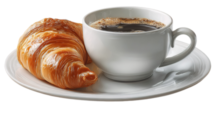 cup of coffee and croissant isolated on transparent white background