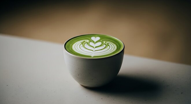 Elegant matcha latte art presentation in minimalistic neutral setting