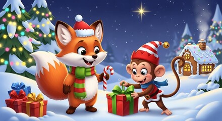 Christmas Fox and Monkey Sharing Gifts in Snowy Village.