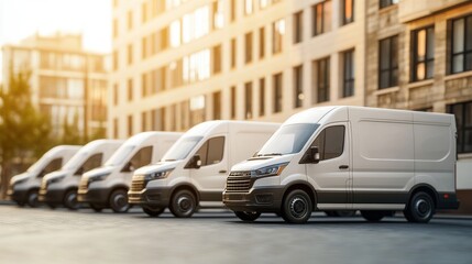 delivery vans parked in an organized row, ready for dispatch, symbolizing efficiency in transportation services, softly blurred urban background