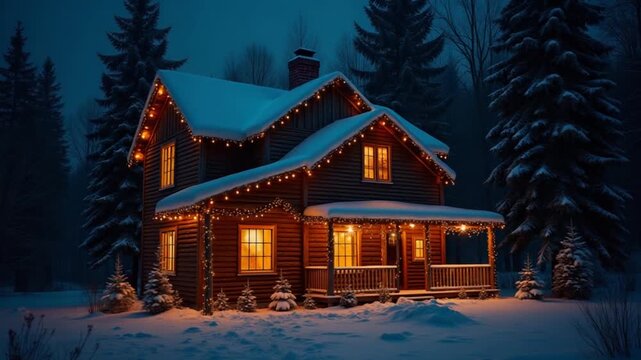 old wooden house is decorated for xmas. night before christmas