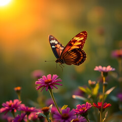 Obraz premium A stunning butterfly hovers gracefully over a bed of vibrant flowers, illuminated by the soft golden light of a sunrise, showcasing nature's beauty and tranquility.
