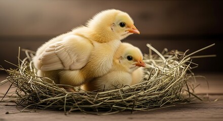 Two adorable yellow chicks nestled warmly in a cozy hay nest ready for springtime