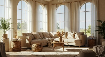 Serene modern living room bathed in natural sunlight, featuring a plush sectional sofa, arched windows with sheer curtains, and lush greenery, perfect for creating a tranquil home sanctuary.