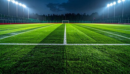 Empty soccer stadium pitch at night illuminated by bright floodlights, ready for a game.