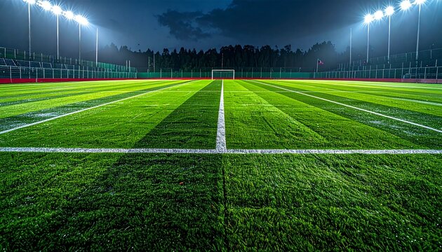 Empty soccer stadium pitch at night illuminated by bright floodlights, ready for a game.
