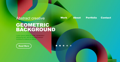 Vibrant geometric design. Green background features colorful shapes, text, navigation elements. Modern aesthetic for website or presentation.