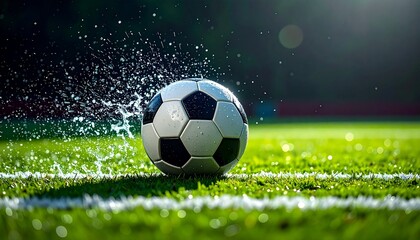 Fototapeta premium Soccer ball on the grass with water droplets and a white line.