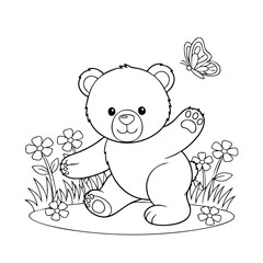 Fototapeta premium Cute cartoon bear waving paw surrounded by flowers and a butterfly in a simple black and white line art style