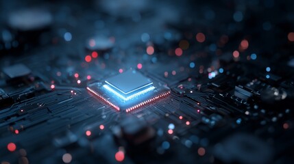 Close-up of a glowing processor chip on a circuit board