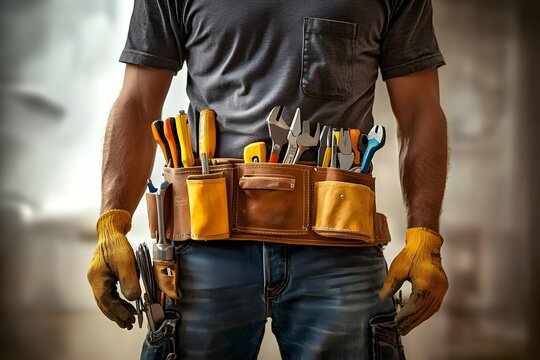 Construction worker with tool belt. - Powered by Adobe