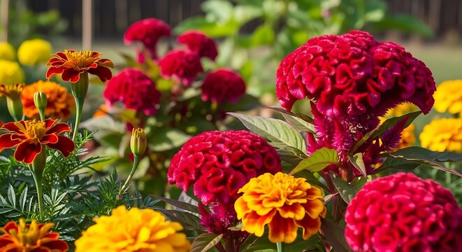 Vibrant Flowers in a Garden Setting.