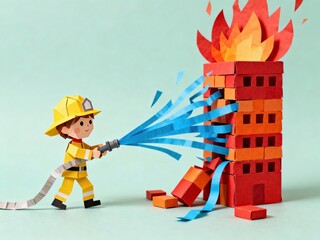 Child dressed as firefighter using a hose to extinguish a large cartoonish brick building with flames du a playful safety demonstration