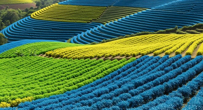A surreal agricultural landscape featuring vibrant terraced rows of blue and yellow flowers on rolling green hills