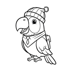 Obraz premium Cute cartoon parrot wearing a winter hat and scarf with a backpack in a black and white line art style