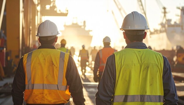 Two construction workers in safety vests and hard hats stand with their backs to the camera, looking towards a bright, sunny scene with other workers and ships