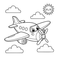 Naklejka premium Cute cartoon airplane with smiling face flying among fluffy clouds under a cheerful sun in a clear sky illustration
