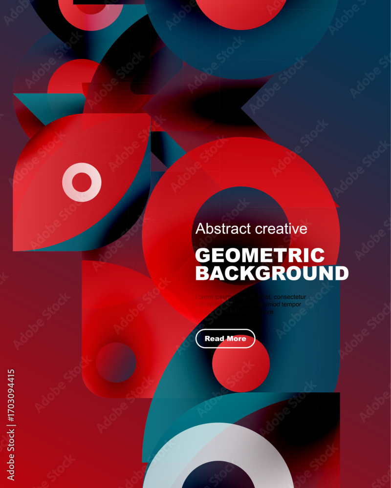 Poster abstract geometric composition. red, teal, white shapes overlap creating dynamic visual effect. text
