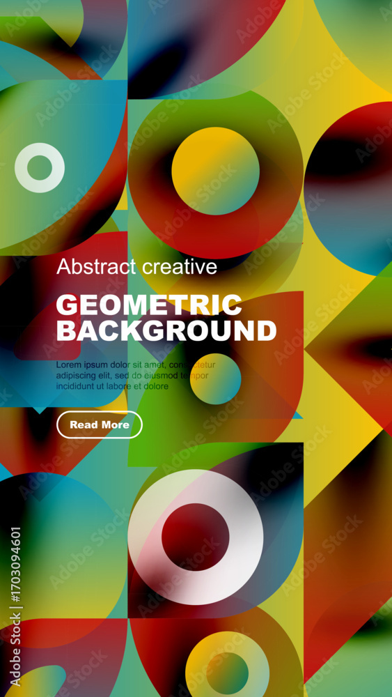 Poster vibrant geometric shapes overlap, creating dynamic colorful background. text block present with call