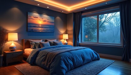 Cozy bedroom features blue walls, large bed with plush bedding, and ocean sunset artwork. Minimalist design with warm ambient lighting, bedside lamp, and dramatic window view of forest.