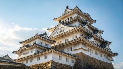 Obraz premium Low Angle View of Himeji Castle Main Keep in Hyogo Japan with Clear Bright Daytime Sky