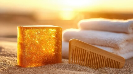 Bathing accessories on beach during golden hour, perfect for self-care concepts, travel blogs, and serene coastal visuals