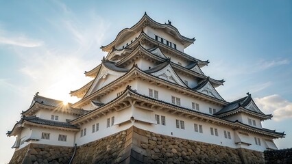 Low Angle View of Himeji Castle Main Keep in Hyogo Japan with Clear Bright Daytime Sky