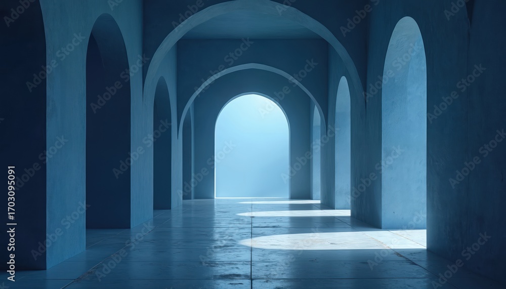 Poster Blue arched corridor with concrete floor and marble tile pattern. Geometric tunnel perspective evokes modern, industrial, futuristic design with light and shadow interplay creating depth.