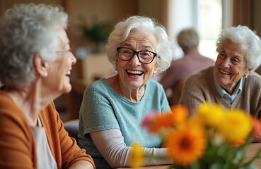 Elderly friends share laughter, joy at community center. Seniors engage in conversation, smiling with warmth in welcoming social atmosphere. Image captures genuine connection, companionship among