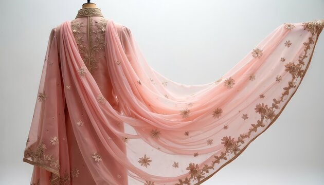 Back view of groom dusty pink brocade dupatta with gold edges displayed on hanger. Intricate floral embroidery adorns sheer fabric. Elegant wedding attire, suitable for bridal, celebratory events,