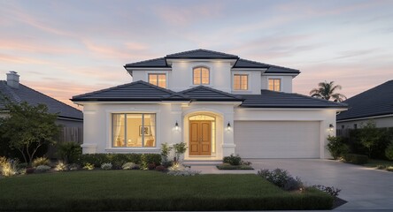 Luxury Home Exterior at Dusk, Modern Two-Story House Design, Real Estate Photography