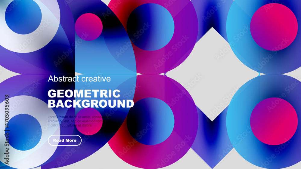 Poster vibrant abstract shapes overlap, creating dynamic colorful background. text block present, button vi