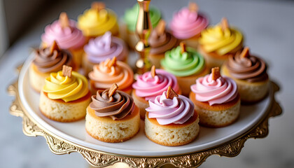 Close-up of assorted colorful pastries and cake pops on a decorative gold-trimmed serving platter
