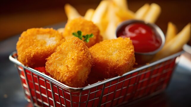 Crispy chicken pieces and herb fries in metal basket, perfect for casual dining concepts, snack promotions, and delicious visuals