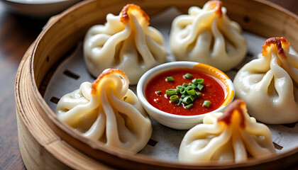 Close-up of Steamed Dumplings with Spicy Dipping Sauce