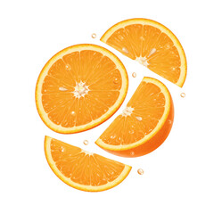 Sliced oranges floating in the air, with small droplets of juice, Isolated on a Transparent Background, PNG, Cutout