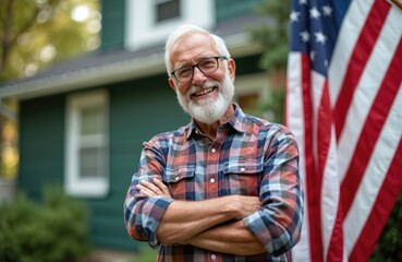 Proud senior man with white beard smiles, arms crossed, standing by American flag and home. Represents patriotism, homeownership, and mature lifestyle.