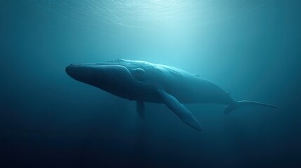 Naklejka premium Majestic Blue Whale Gliding Gracefully Through Tranquil Ocean Depths with Soft Light Filtering from the Surface
