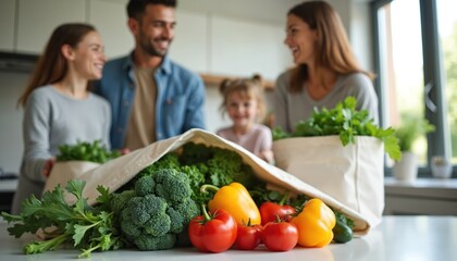 Happy family unpacking groceries in modern kitchen. Parents, child unpack fresh vegetables, organic produce. Healthy food preparation for home meals, promoting lifestyle of togetherness, nourishment.