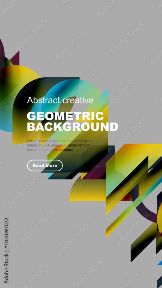 Poster modern design features vibrant geometric shapes, text overlay, dark gray backdrop. dynamic compositi