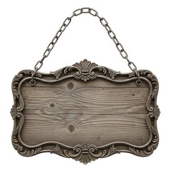 Ornate wooden hanging sign with decorative metal frame isolated on white background