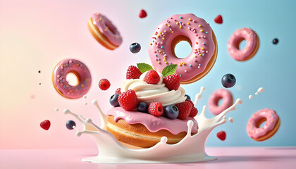 Donuts, ice cream, berries, and milk splash in mid-air, vibrant colors