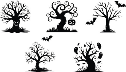 Halloween spooky tree silhouettes, haunted forest icons, creepy trees with bats, jack-o’-lanterns, ghosts, Halloween decorations, scary branches, black vector art.