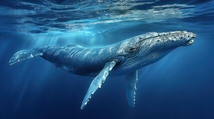 Majestic Humpback Whale Swimming Gracefully in Clear Blue Ocean Waters Under Sunlight