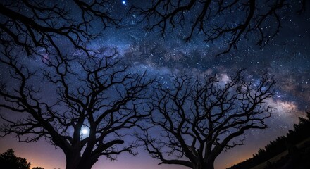 Enchanting starry sky captured through the bare branches of trees