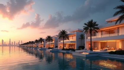 Luxurious modern villas on Palm waterfront glow at night with Dubai skyline in distance. Sleek architecture, infinity pools, illuminated interiors create opulent ambiance. Exclusive real estate,