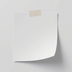 Blank white sticky note attached to a wall with tape, isolated on white