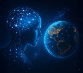 Global AGI network &mdash; human mind connected to Earth with neural links, cosmic background, futuristic connectivity concept