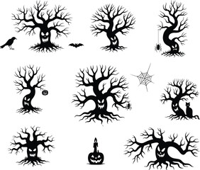 Halloween Haunted Tree Silhouettes with Scary Faces, Spider, Bat, Crow, Jack-o'-Lantern, Black Cat, and Spider Web Clipart Set