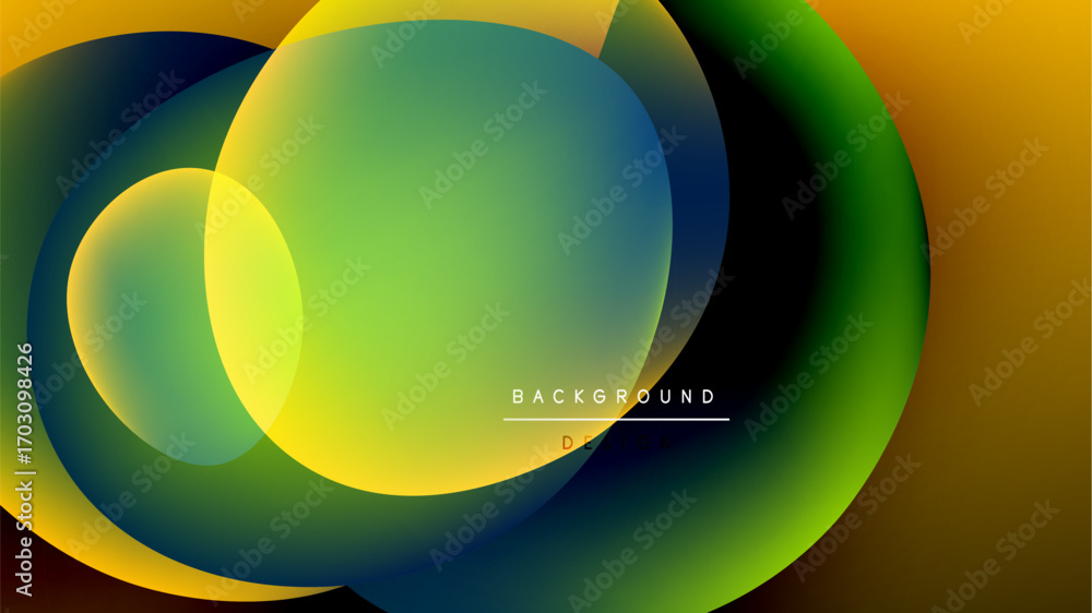 Poster abstract colorful shapes overlap, creating vibrant gradients. dark background emphasizes bright hues